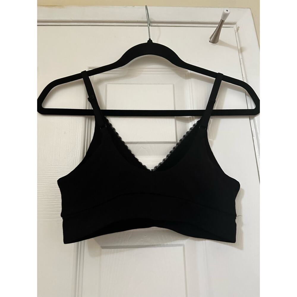 NWT Pact Sz S Black Organic Cotton Pretty Plunge Lace Trim Wireless Bralette - Picture 7 of 9